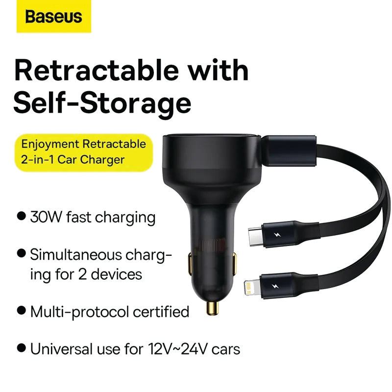 Baseus Car Charger Enjoyment Retractable dual Output Type-c & Lightning 30W Black CGTX000001