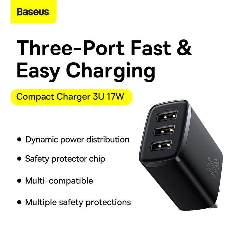Baseus Charger 17W 3 Usb Output Black US Plug CCXJ020001
