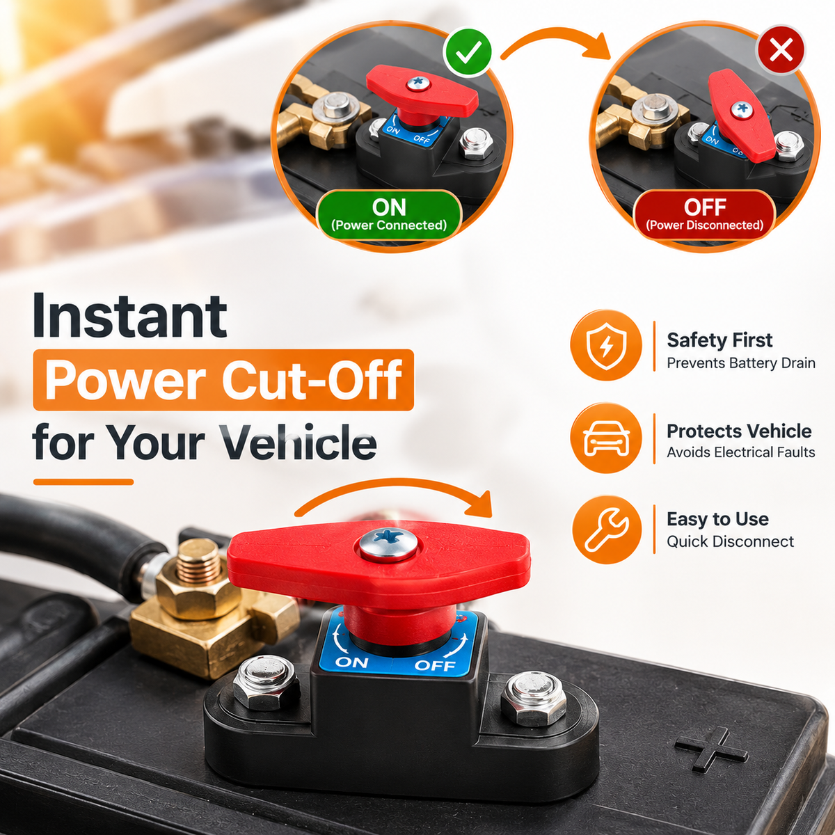 Universal Car Battery Disconnect Switch with Pure Copper Terminal – Safe Power Cut-Off for Vehicles