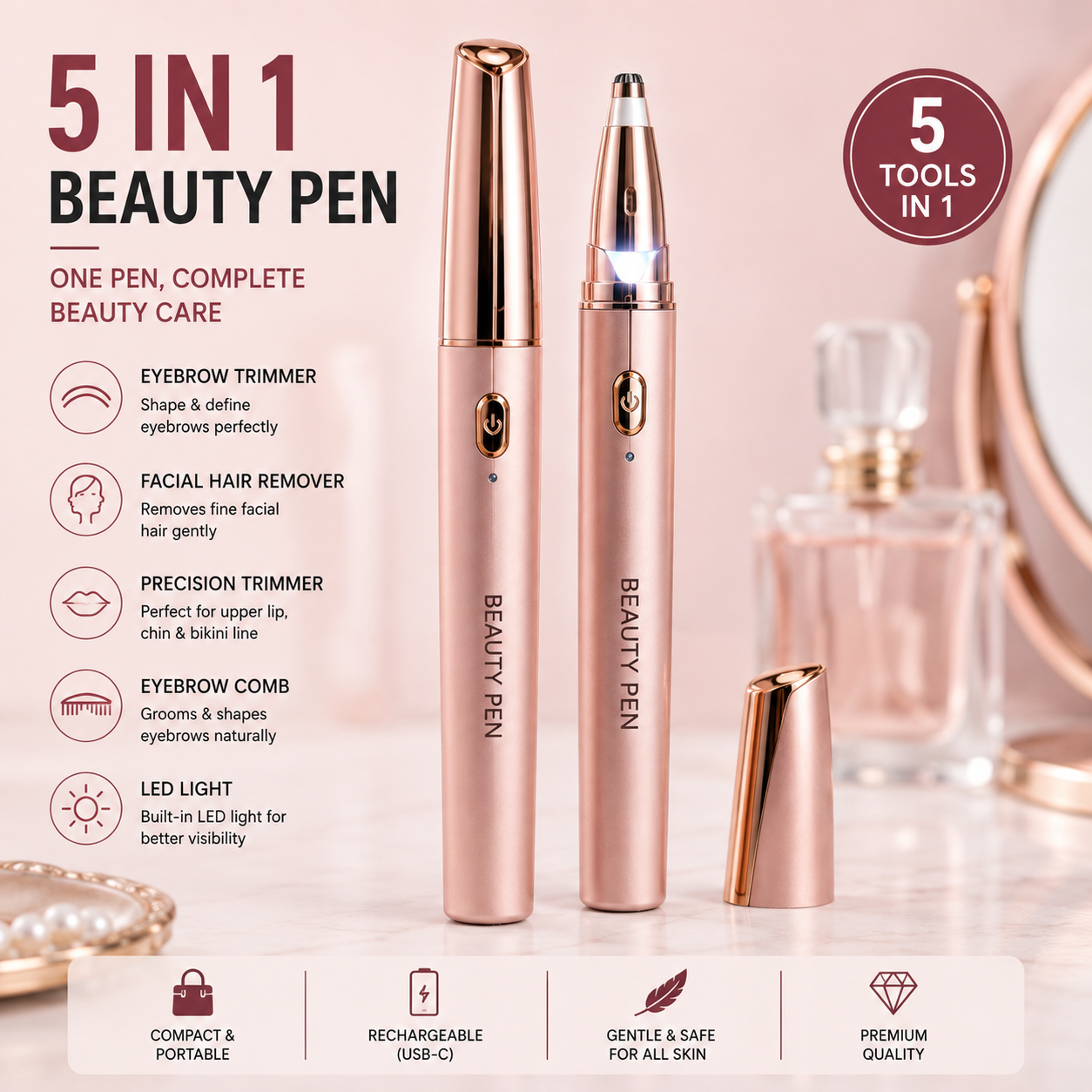 5-in-1 Electric Beauty Pen – Facial Hair & Eyebrow Trimmer with LED Light